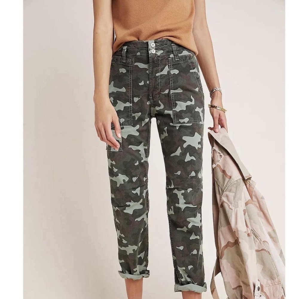 Anthropologie The Wanderer Camo Utility Pants Green 32 High Rise Cotton Linen‎
